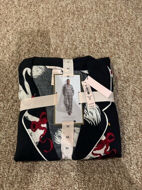 Victoria's Secret Black Pajama Set with White Crane & Red Ribbon Accents